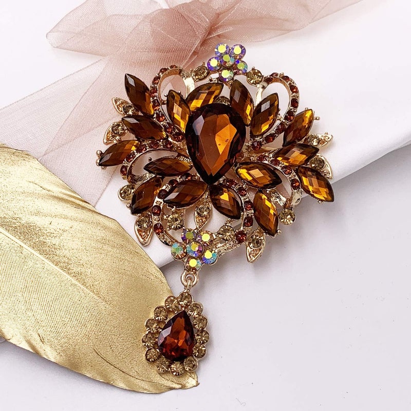 LAXPICOL Wedding Bridal Big Brown Crystal Rhinestone Bouquet Brooch Pin for Women Golden Tone - Image 2